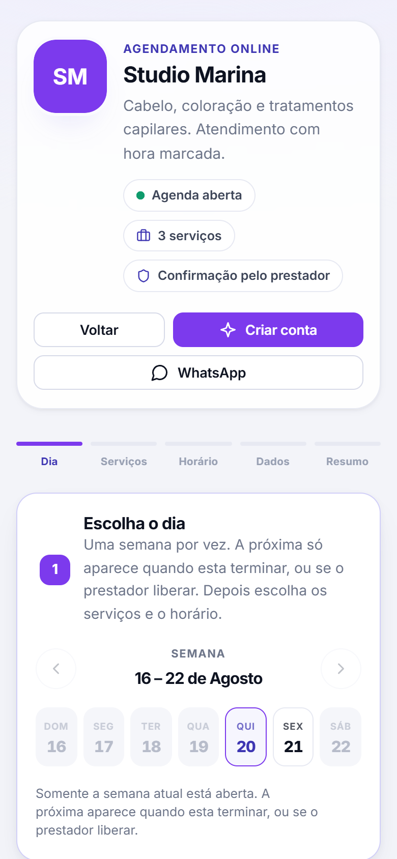 Link compartilhado do Studio Marina no celular, com a marca da prestadora